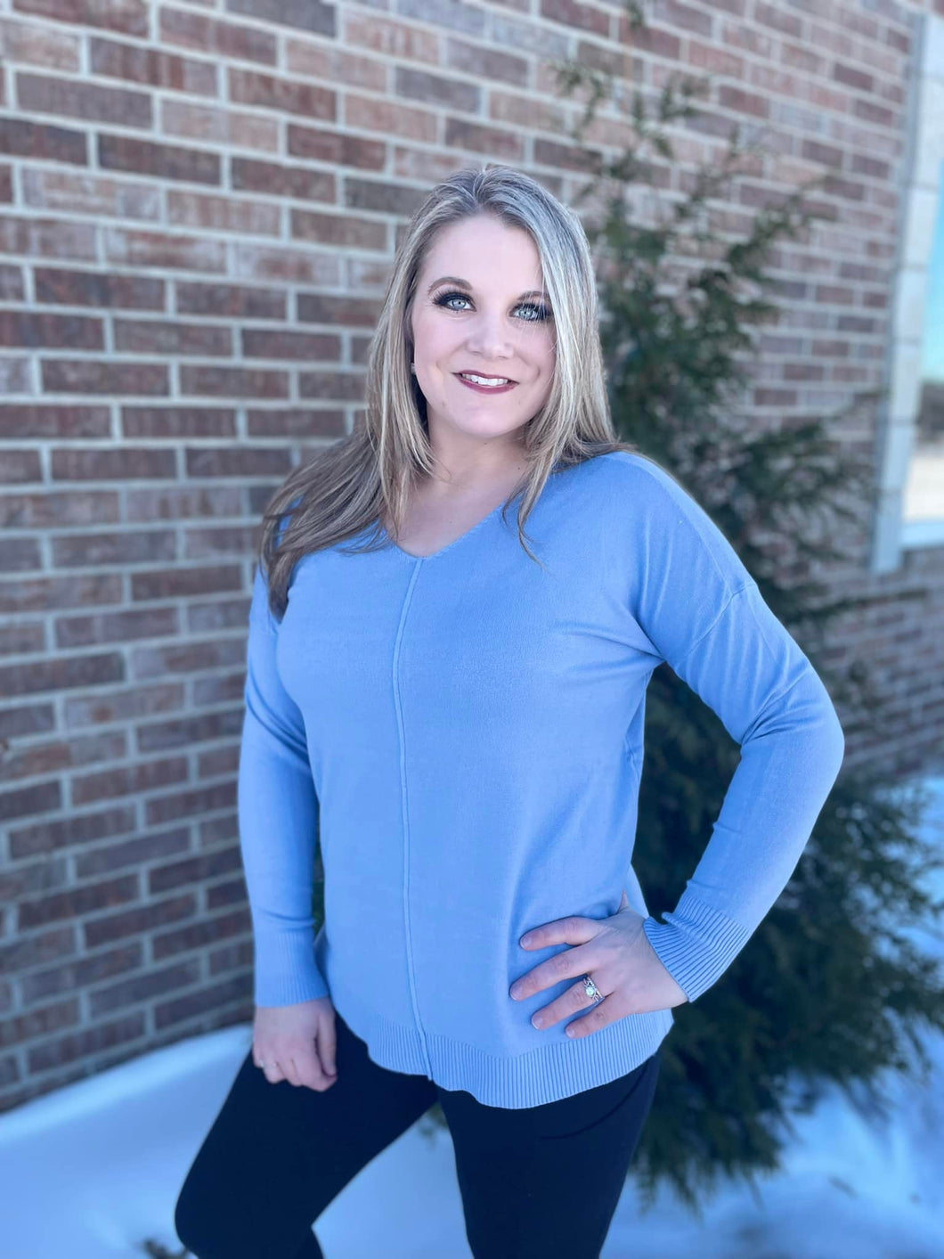 Sweet Caroline Blue V Neck Sweater